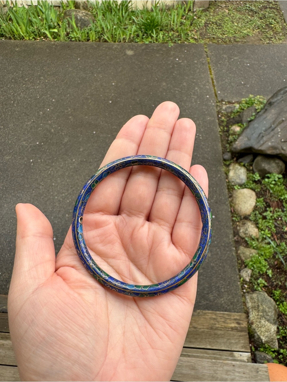 Vintage Blue & Green Floral Cloisonné Enamel Bangle Bracelet - Picture 3 of 6